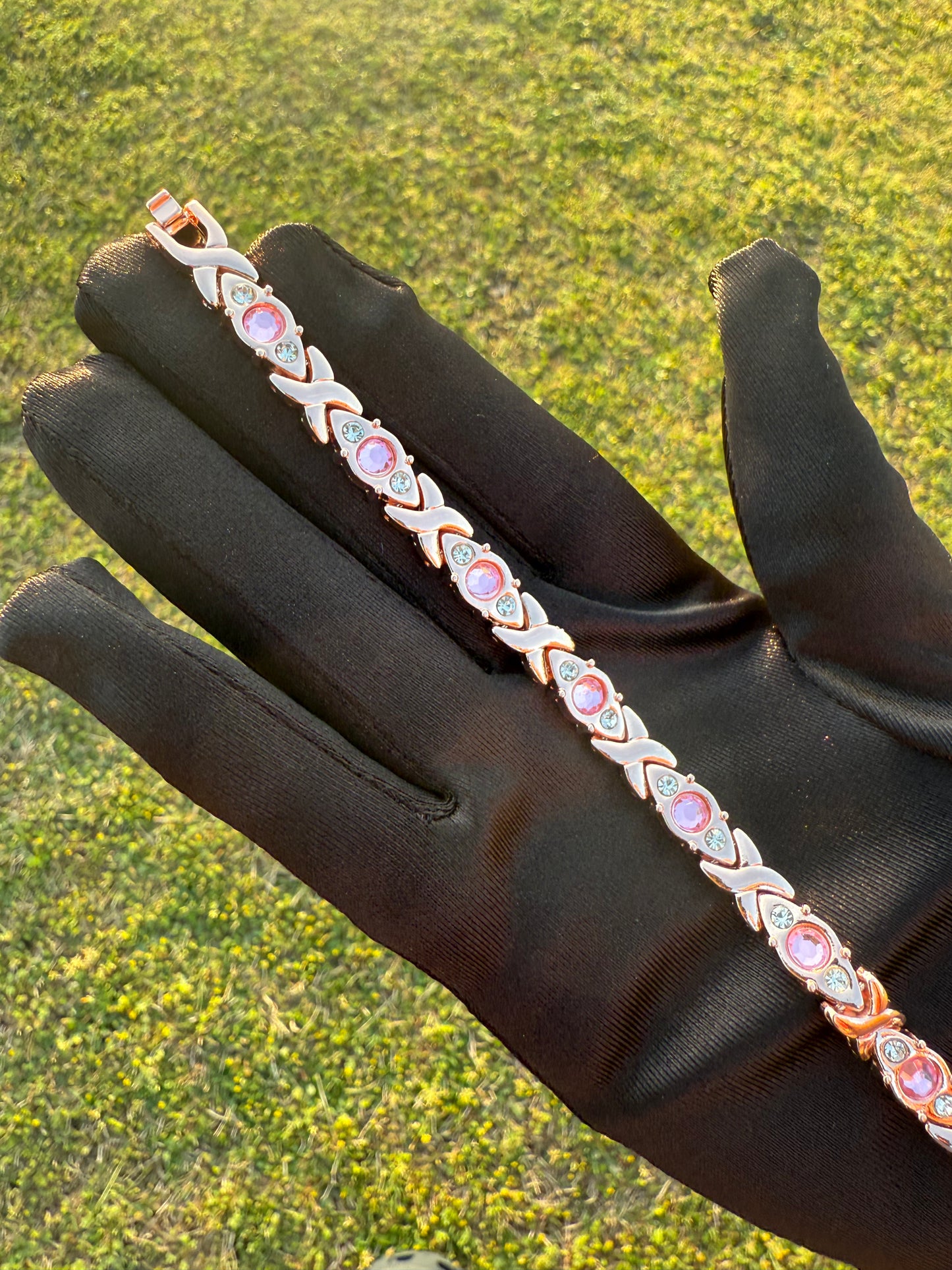 Copper Colored Pink stone Leaf Bracelet